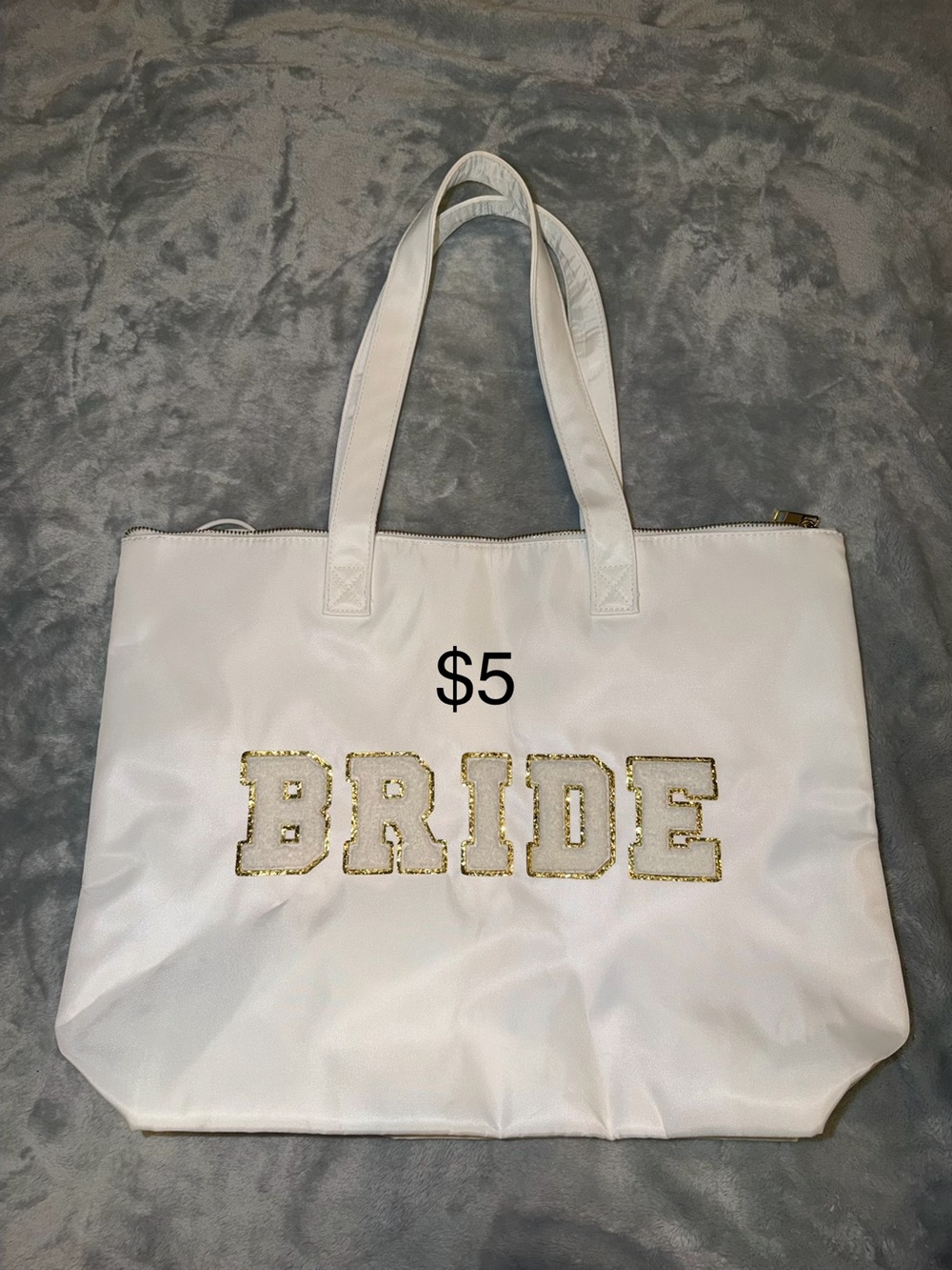 Hobby Lobby White Tote with Gold Sequin BRIDE Lettering
